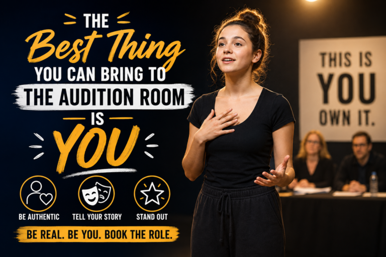 Student performing confidently during a college theatre audition, showing how authenticity helps actors stand out in musical theatre and acting auditions.